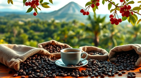 Coffee cup and coffee beans on table with mountain background.の写真素材