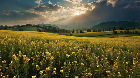 Sunset over the rapeseed field in Tatra Mountains, Poland