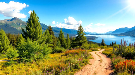Panoramic view of a lake, with a trail leading towards it, surrounded by mountains and lush...