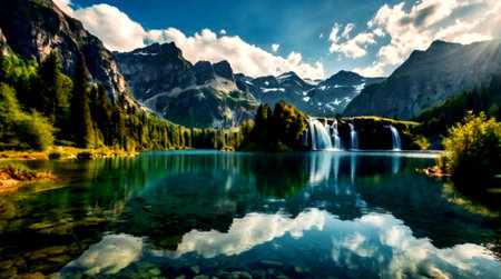 Beautiful alpine lake with clear water and reflection of mountains in it