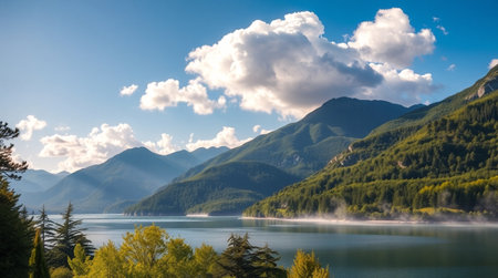 Landscape view of a beautiful lake with mountains in the background and clouds