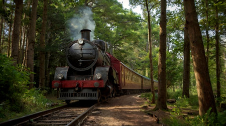 Vintage steam locomotive in the forest. Retro train in the forest.の写真素材