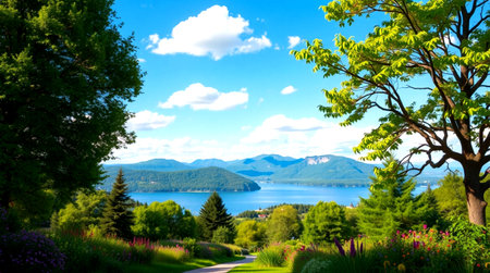 Beautiful summer landscape with lake and trees. Panoramic view