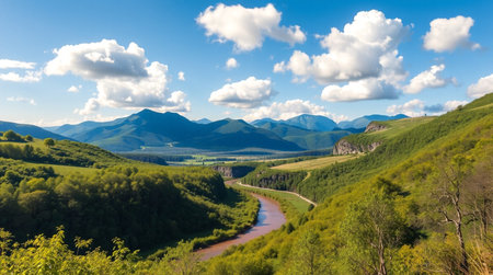 Panoramic view of the river and mountains in the spring.