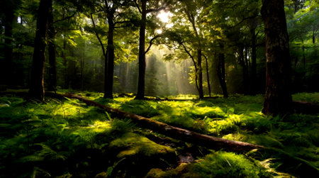 Sunlight in the green forest. Panoramic image of the forest.