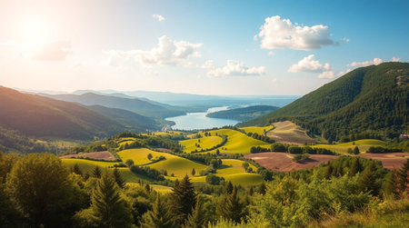 Beautiful summer landscape with lake and hills. Tuscany, Italy
