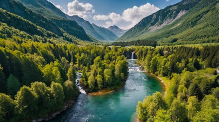 Aerial view of the mountain river in the Altai Republic.