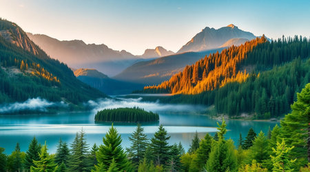 Mountain lake in the mountains at sunrise. The concept of active and ecological tourism