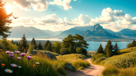 Fantastic panoramic view of the lake. Dramatic sky. Beauty world.の写真素材