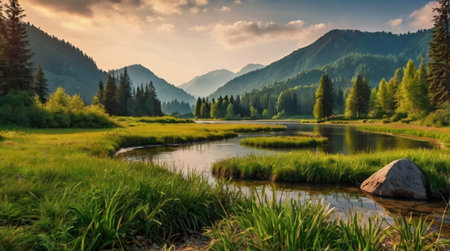 Landscape with mountain river and forest at sunset.の写真素材