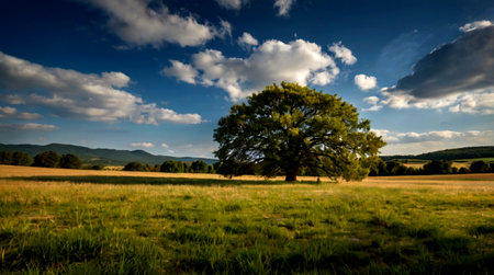 Summer landscape with big oak tree in the meadow and blue skyの写真素材