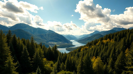 Panoramic view of the lake and mountains in the background.