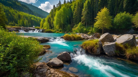 Panoramic view of a beautiful mountain river flowing through the forest