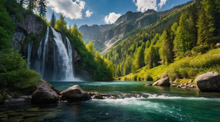 Panoramic view of a waterfall in the mountains. Summer landscape.