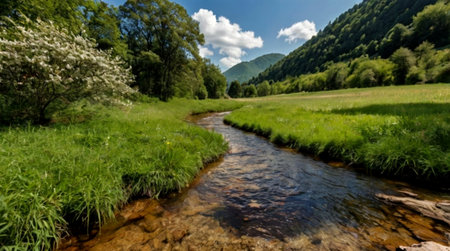 Panoramic view of a small mountain river in the Carpathian mountains
