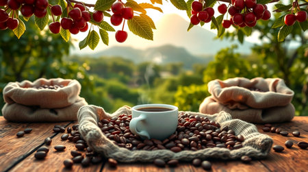 Coffee cup and coffee beans on wooden table in the gardenの写真素材