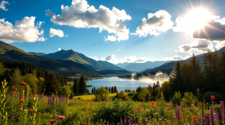 Beautiful panorama of the lake and mountains in the morning.