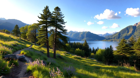 Beautiful alpine landscape with lake and mountains in the background.