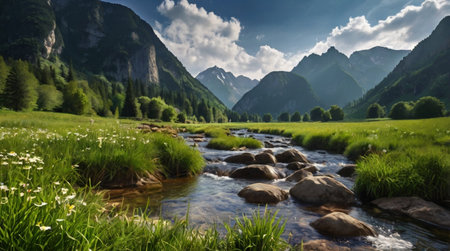 Panoramic view of a mountain river flowing through the meadow