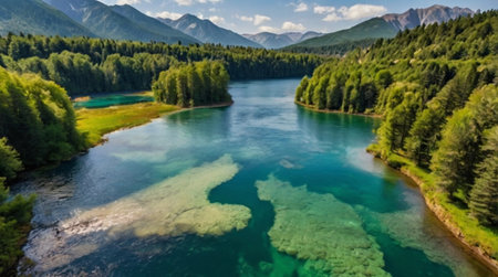 Aerial view of beautiful mountain lake with clear turquoise water surrounded by green forest....