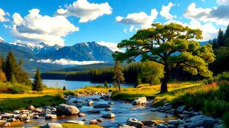 Beautiful landscape with lake, mountains and pine tree in the foregroundの写真素材
