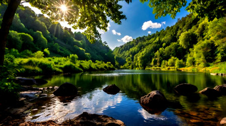 Panoramic view of the river and forest. Beautiful summer landscape.
