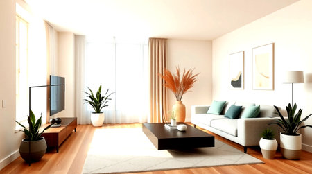 Interior of the living room with a sofa and plants - rendering