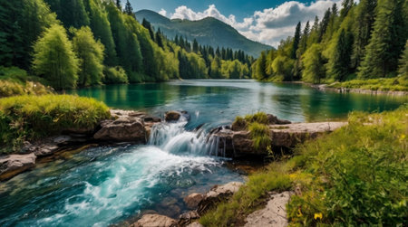Beautiful mountain river in the Carpathian mountains. Panoramic view.