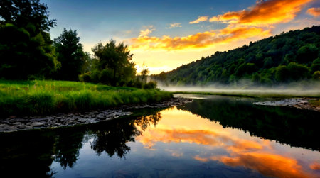 River in the morning mist. Beautiful summer landscape with river and clouds