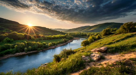 Panoramic view of the river and mountains at sunset. Beautiful summer landscape.