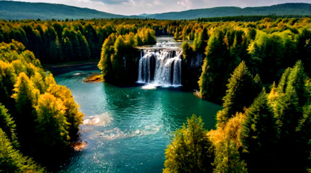 Aerial view of beautiful waterfall in Plitvice Lakes National Park, Croatia