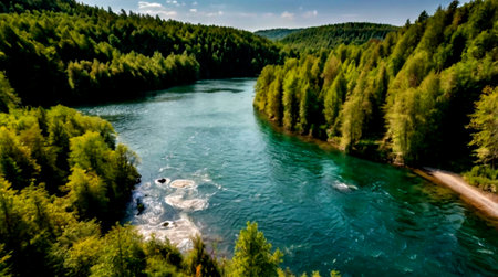 Panoramic view of the mountain river in the forest. Beautiful summer landscape.の写真素材