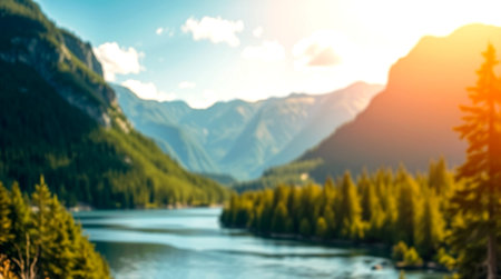 Mountain lake and forest in summer, blurred background, bokeh effect