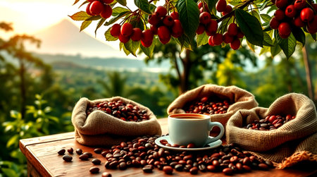Coffee cup and coffee beans on wooden table with mountain backgroundの写真素材