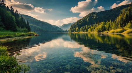 Mountain lake in the Ukrainian Carpathians. Beautiful summer landscapeの写真素材