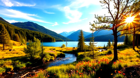Sunset on the lake in the Altai mountains, Russia.