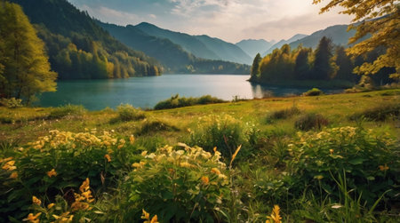 Autumn landscape with mountain lake and forest on the background. Lake in the mountains.