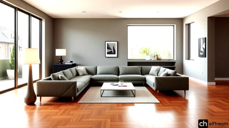 Interior of modern living room with gray sofa and coffee table 3D rendering