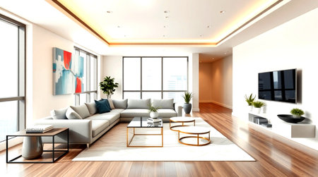 Interior of a modern living room with a white sofa 3D illustration