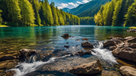 Beautiful mountain lake with crystal clear water and green forest on background.