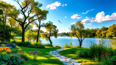 Beautiful spring landscape with lake and trees in the park on a sunny day