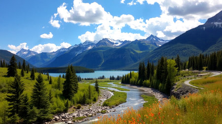 Mountain landscape with blue sky and clouds. Lake in the mountains