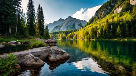 panoramic view of lake braies in south tyrol italy