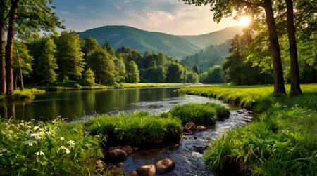Beautiful summer landscape with mountain river and forest on the background.