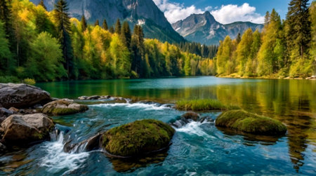 Beautiful alpine lake with clear turquoise water, stones and green forest in the background.