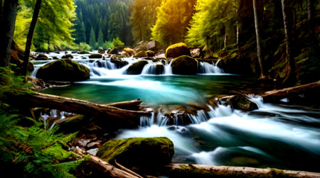 Mountain river in the forest. Beautiful nature scene with a waterfall
