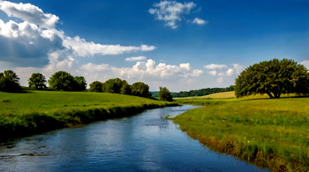 Panoramic view of the river and meadows in the countryside