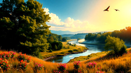Beautiful summer landscape. Colorful meadow and river at sunset.の写真素材