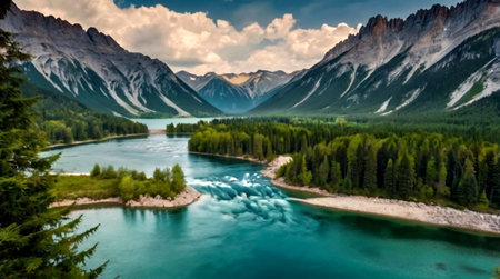 Panoramic view of turquoise lake in the mountains.