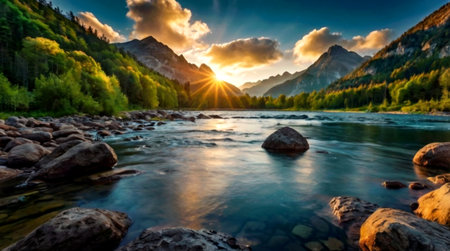 Panoramic view of the mountain river at sunset. Dramatic summer scene.の写真素材